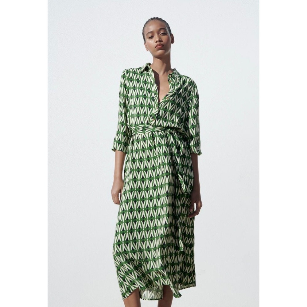 Zara Green Geometric Print Midi Shirt Dress Long Sleeve Belted Size S